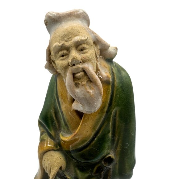 Vintage Hand-Painted Chinese Mud Man Figurine In Green & Yellow Robes - Picture 2 of 7